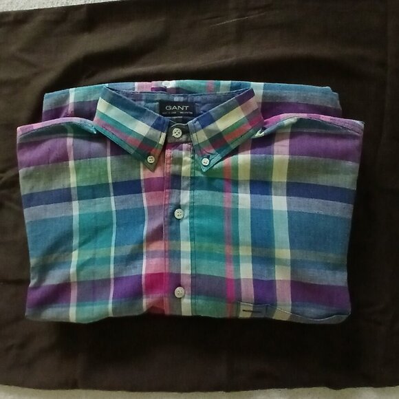 Gant Salty Dog Blues & Greens  Plaid 100% Cotton Button Up Short Sleeve Sz L - Picture 4 of 7